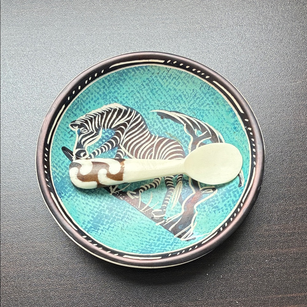 Handmade Turquoise African Soapstone Dish with Etched Zebra
